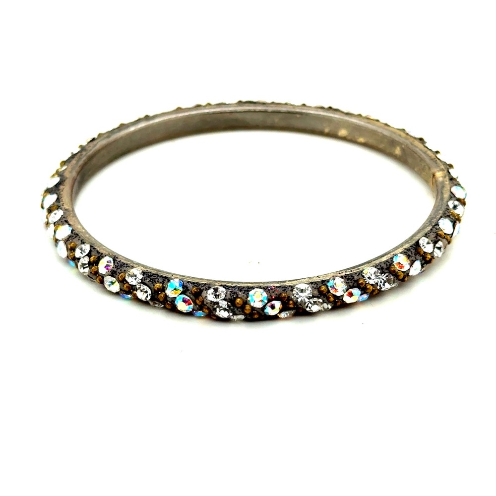 Vintage Aurora Borealis AB Rhinestone Bangle Bracelet Silver Tone 8 Inch Inner